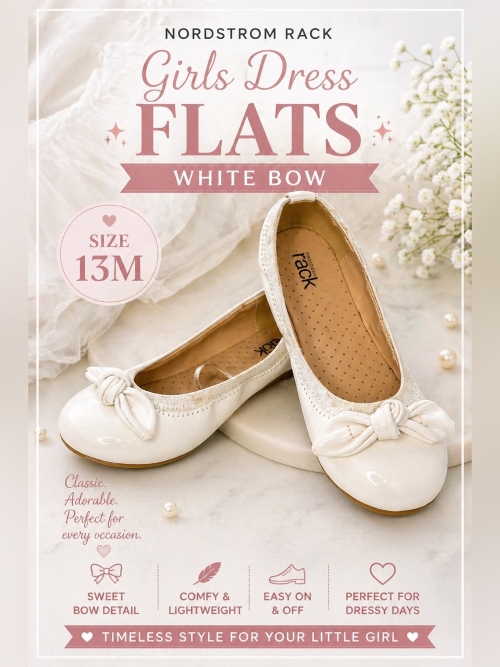 Nordstrom Rack Girls Dress Flats – White Bow – Size 13M